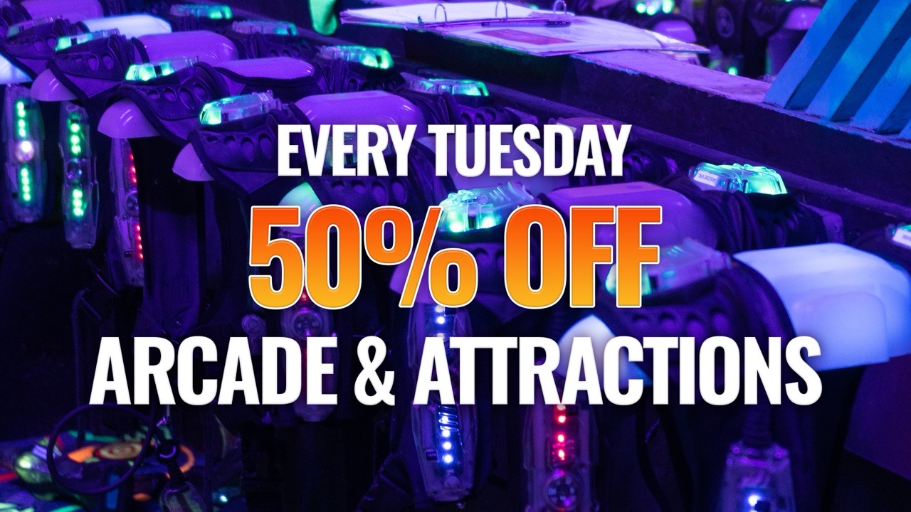 Tuesday Half Off Promo TV 2 Large - Pricing & Promos - Zap Zone Family Fun Centre